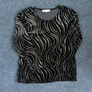 Notations Blouse Womens XL Petite Black Gold Metallic Velvet 3/4 Sleeve Top